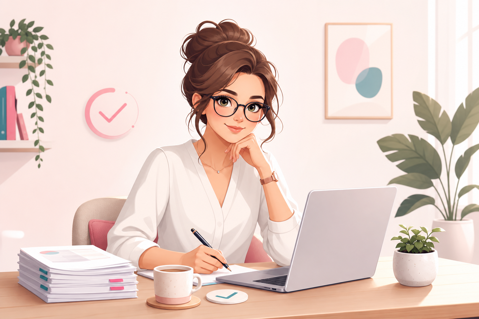 Ilustrace účetní poradkyně u pracovního stolu
